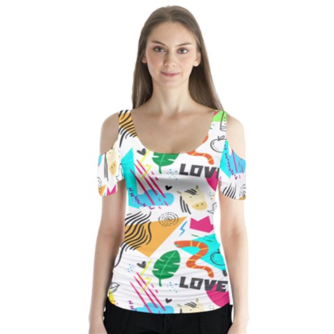 Doodle Pattern Butterfly Sleeve Cutout Tee  by designsbymallika