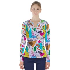 Doodle Pattern V-neck Long Sleeve Top by designsbymallika