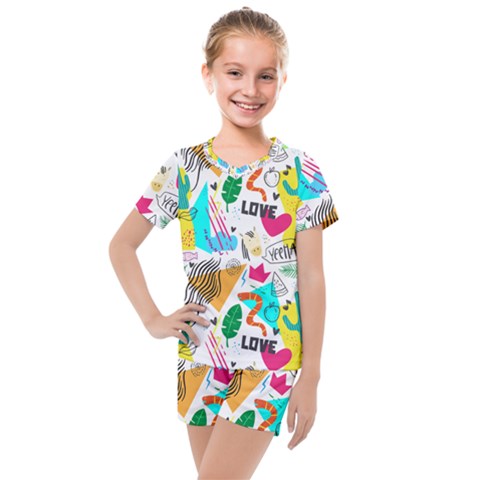 Doodle Pattern Kids  Mesh Tee And Shorts Set by designsbymallika