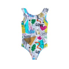 Doodle Pattern Kids  Frill Swimsuit by designsbymallika