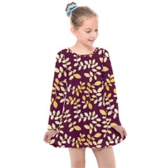 Golden Leaf Pattern Kids  Long Sleeve Dress by designsbymallika