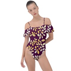 Golden Leaf Pattern Frill Detail One Piece Swimsuit