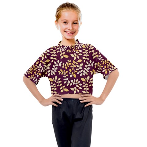 Golden Leaf Pattern Kids Mock Neck Tee by designsbymallika