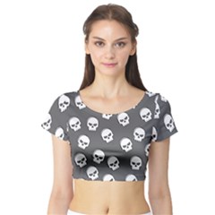 White Skull Pattern Short Sleeve Crop Top by designsbymallika