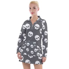 White Skull Pattern Women s Long Sleeve Casual Dress by designsbymallika