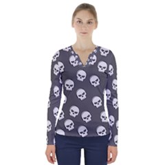 White Skull Pattern V-neck Long Sleeve Top by designsbymallika