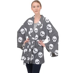 White Skull Pattern Long Sleeve Velvet Kimono  by designsbymallika