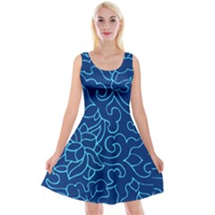 Blue Floral Print Reversible Velvet Sleeveless Dress