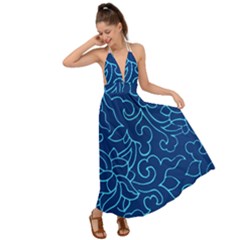 Blue Floral Print Backless Maxi Beach Dress