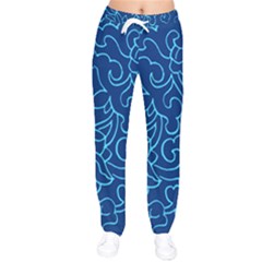 Blue Floral Print Women Velvet Drawstring Pants