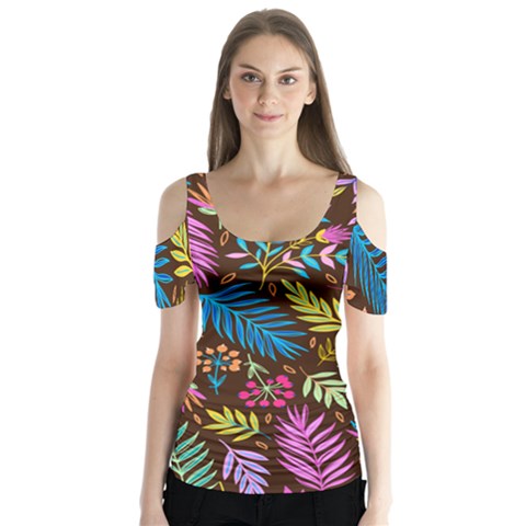 Tropical Print  Butterfly Sleeve Cutout Tee  by designsbymallika