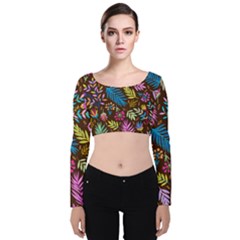 Tropical Print  Velvet Long Sleeve Crop Top by designsbymallika