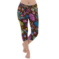 Tropical Print  Lightweight Velour Capri Yoga Leggings by designsbymallika