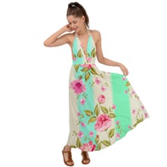 Stripes Floral Print Backless Maxi Beach Dress