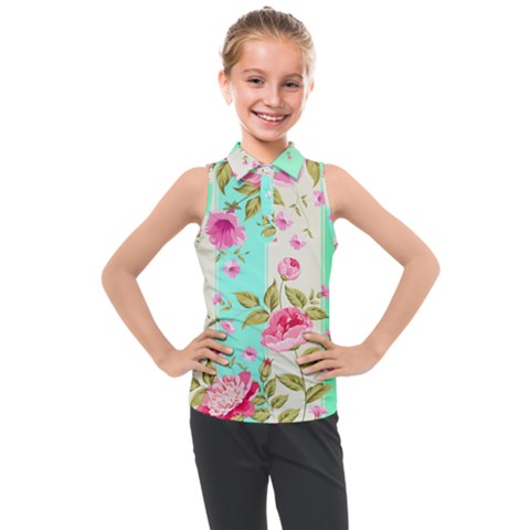 Stripes Floral Print Kids  Sleeveless Polo Tee by designsbymallika