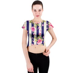 Stripes Floral Print Crew Neck Crop Top by designsbymallika