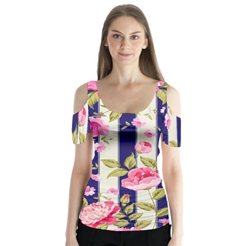 Stripes Floral Print Butterfly Sleeve Cutout Tee  by designsbymallika