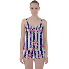 Stripes Floral Print Tie Front Two Piece Tankini by designsbymallika