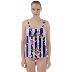 Stripes Floral Print Twist Front Tankini Set by designsbymallika