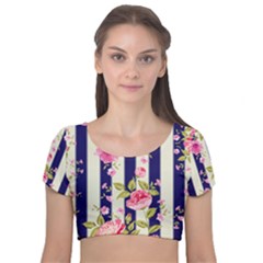 Stripes Floral Print Velvet Short Sleeve Crop Top  by designsbymallika