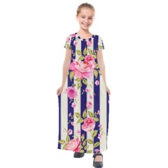 Stripes Floral Print Kids  Short Sleeve Maxi Dress by designsbymallika