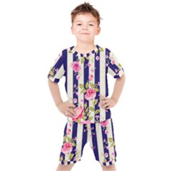 Stripes Floral Print Kids  Tee And Shorts Set by designsbymallika