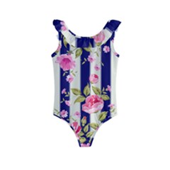 Stripes Floral Print Kids  Frill Swimsuit by designsbymallika