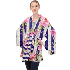 Stripes Floral Print Long Sleeve Velvet Kimono  by designsbymallika