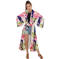 Stripes Floral Print Maxi Kimono