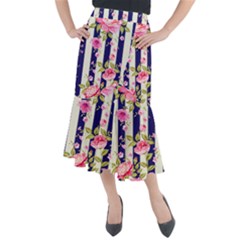 Stripes Floral Print Midi Mermaid Skirt