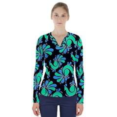 Peacock Pattern V-neck Long Sleeve Top by designsbymallika