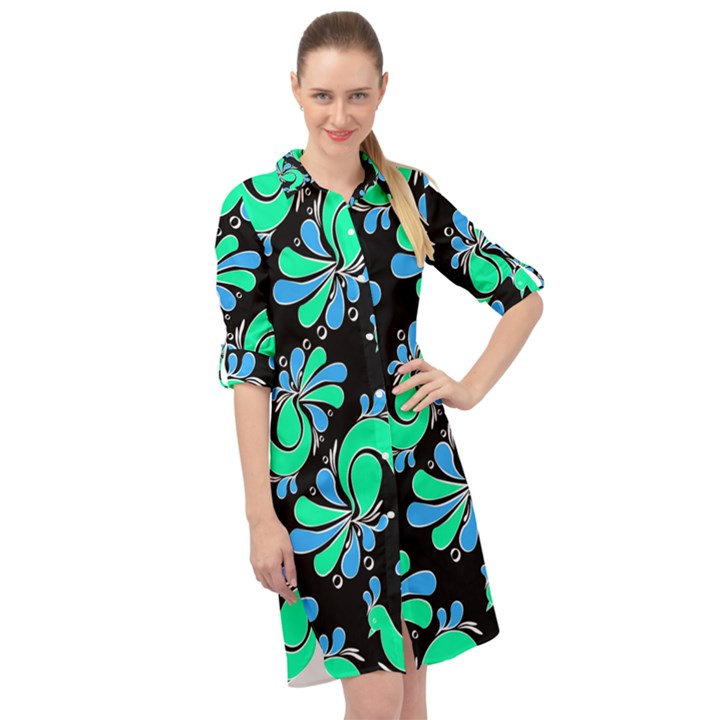 PEACOCK PATTERN Long Sleeve Mini Shirt Dress