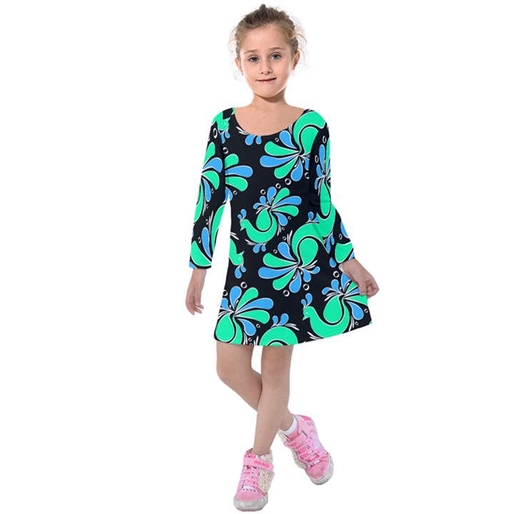 PEACOCK PATTERN Kids  Long Sleeve Velvet Dress