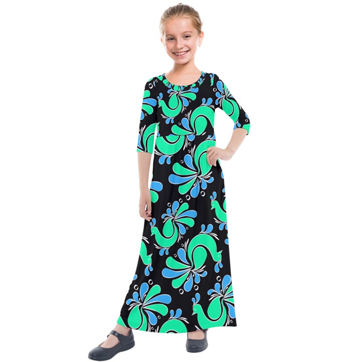 PEACOCK PATTERN Kids  Quarter Sleeve Maxi Dress