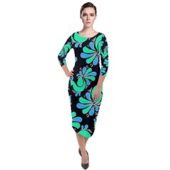 Peacock Pattern Quarter Sleeve Midi Velour Bodycon Dress