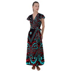 blue and red bandanna Flutter Sleeve Maxi Dress