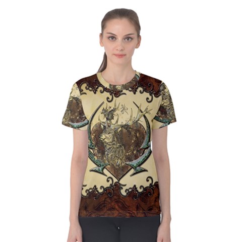 Wonderful Deer With Leaves And Hearts Women s Cotton Tee by FantasyWorld7