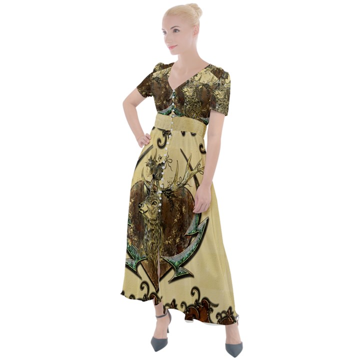 Wonderful Deer With Leaves And Hearts Button Up Short Sleeve Maxi Dress