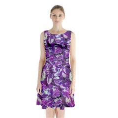 Botanical Violet Print Pattern 2 Sleeveless Waist Tie Chiffon Dress by dflcprintsclothing