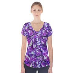 Botanical Violet Print Pattern 2 Short Sleeve Front Detail Top by dflcprintsclothing