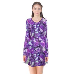 Botanical Violet Print Pattern 2 Long Sleeve V-neck Flare Dress by dflcprintsclothing