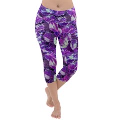 Botanical Violet Print Pattern 2 Lightweight Velour Capri Yoga Leggings by dflcprintsclothing