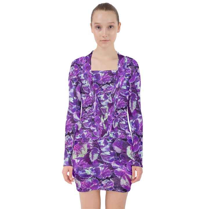 Botanical Violet Print Pattern 2 V-neck Bodycon Long Sleeve Dress