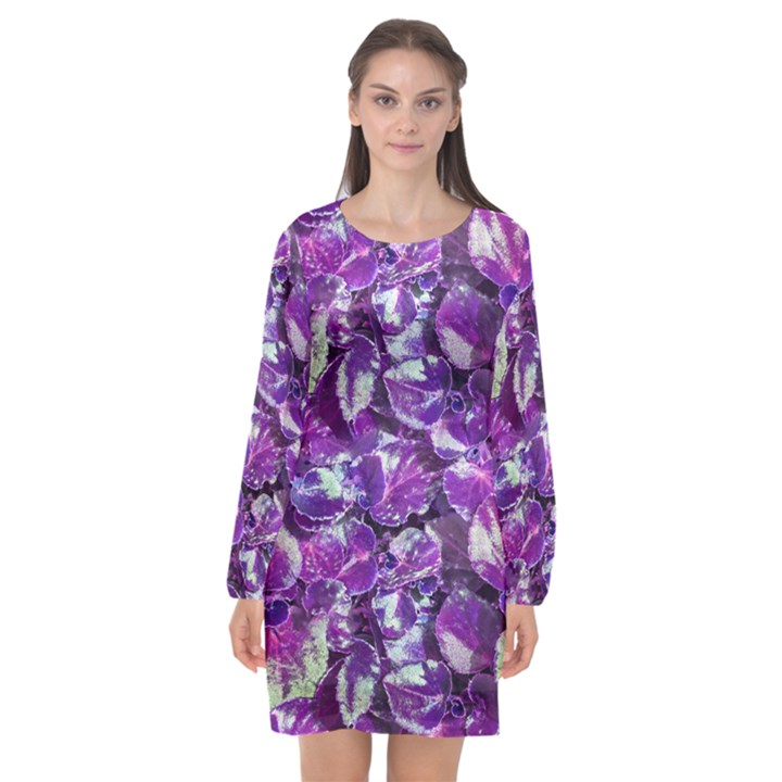 Botanical Violet Print Pattern 2 Long Sleeve Chiffon Shift Dress 