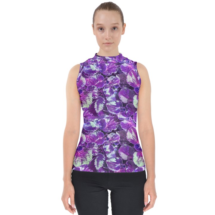 Botanical Violet Print Pattern 2 Mock Neck Shell Top