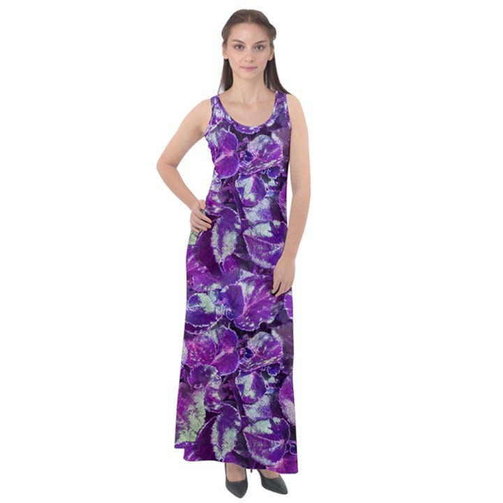 Botanical Violet Print Pattern 2 Sleeveless Velour Maxi Dress