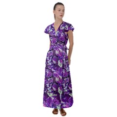 Botanical Violet Print Pattern 2 Flutter Sleeve Maxi Dress by dflcprintsclothing