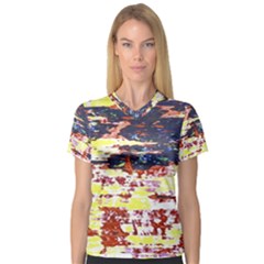 Multicolored Abstract Grunge Texture Print V-neck Sport Mesh Tee