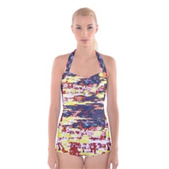 Multicolored Abstract Grunge Texture Print Boyleg Halter Swimsuit 