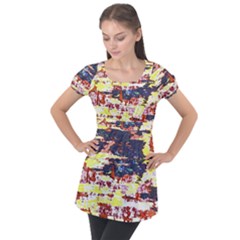 Multicolored Abstract Grunge Texture Print Puff Sleeve Tunic Top